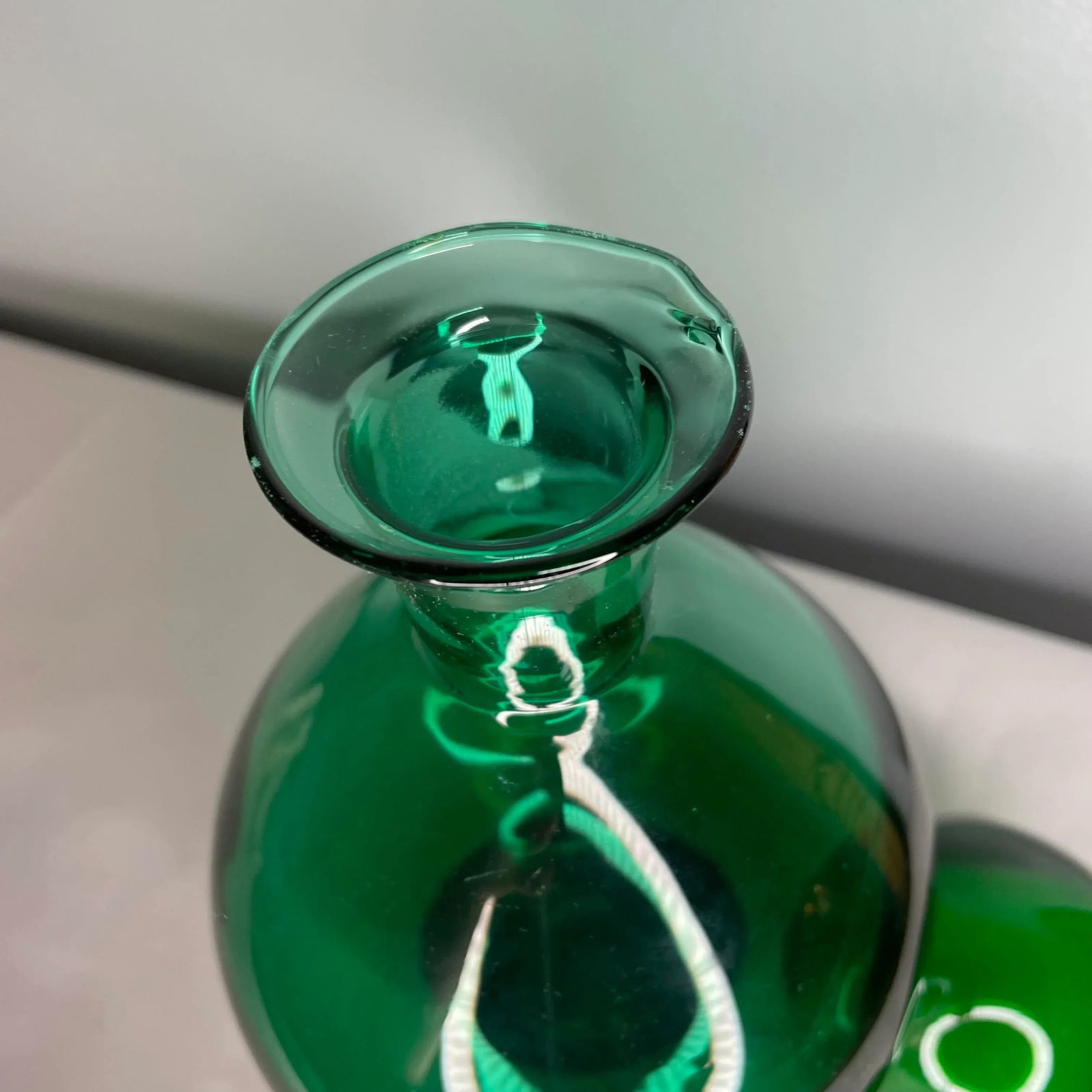 Mid Century Modern Emerald Green Glass Decanter With Stopper- 2 Pcs. - 6