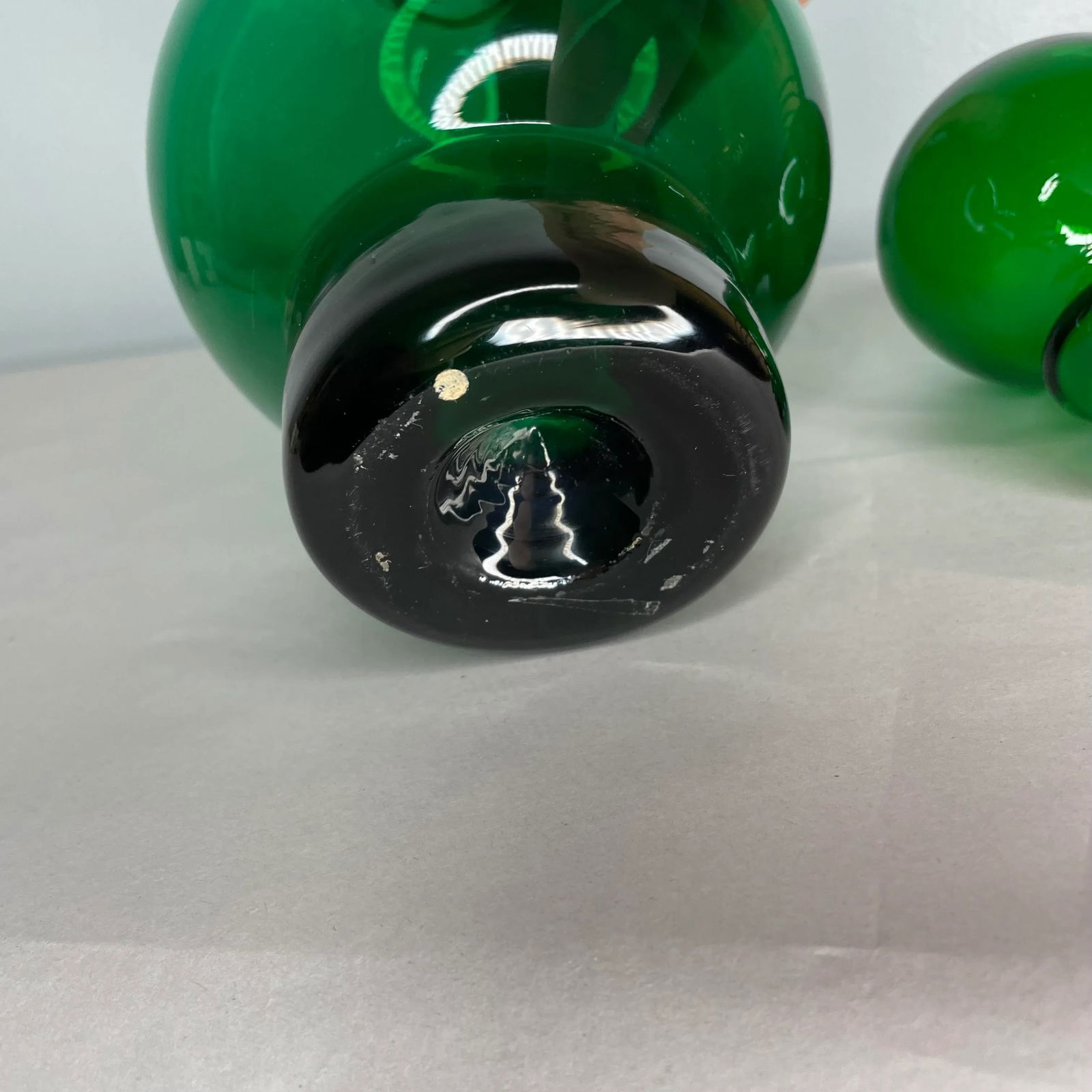 Mid Century Modern Emerald Green Glass Decanter With Stopper- 2 Pcs. - 8