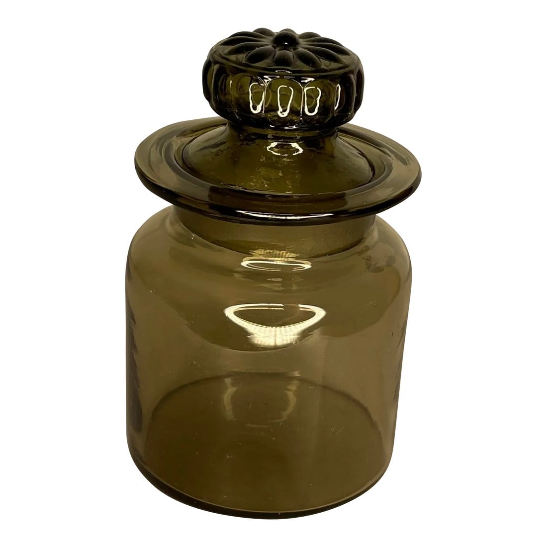 Vintage Smoked Glass Canister With Lid: Vintage smoked glass jar with lid. Circa the mid 20th century. Made in USA. The jar is in great shape with no damages to note. Perfect for storing small items in. Condition: Alterations: Original