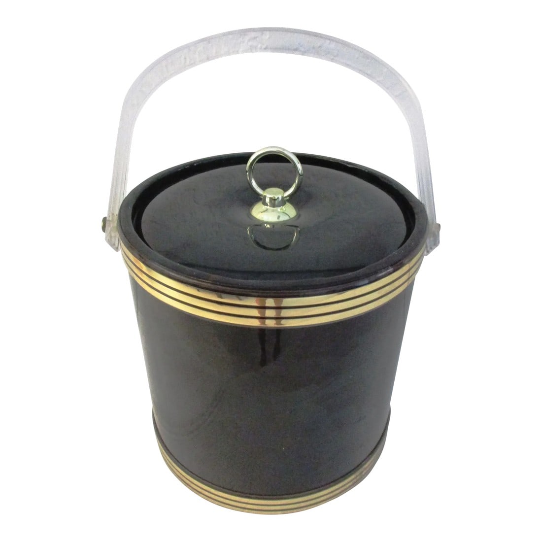 Vintage Jade Green & Black Faux Marble Ice Bucket: Glamorous lidded ice bucket featuring a black faux marble finish in green and black with gold-shaded vinyl trim at base and rim. Gold-tone metal lid knob and lucite handle. White insulated interior. M