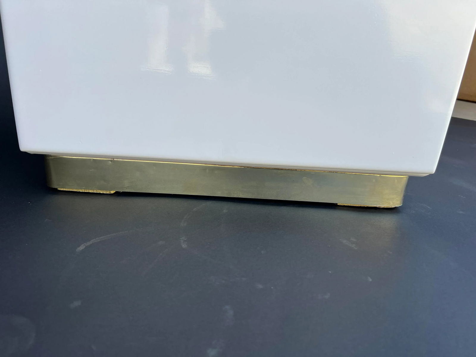 1980s Steve Chase Style Nightstand in White Lacquer and Brass Trim Base - a Pair - 7