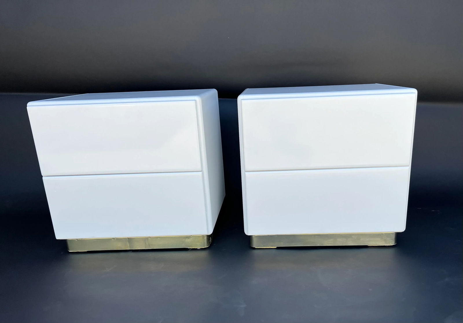 1980s Steve Chase Style Nightstand in White Lacquer and Brass Trim Base - a Pair - 8