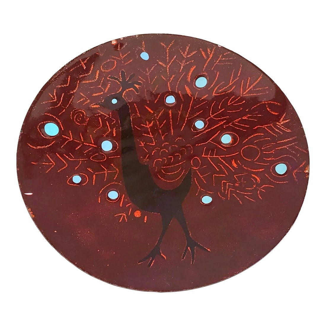 Vintage Enamel on Copper Peacock Dish / Catchall: Vintage mid century modern enamel on copper dish depicting a peacock! Great styling, very unusual for an enamel dish. It measures 7 1/2" in diameter and 3/4" tall. It is in good overall condition