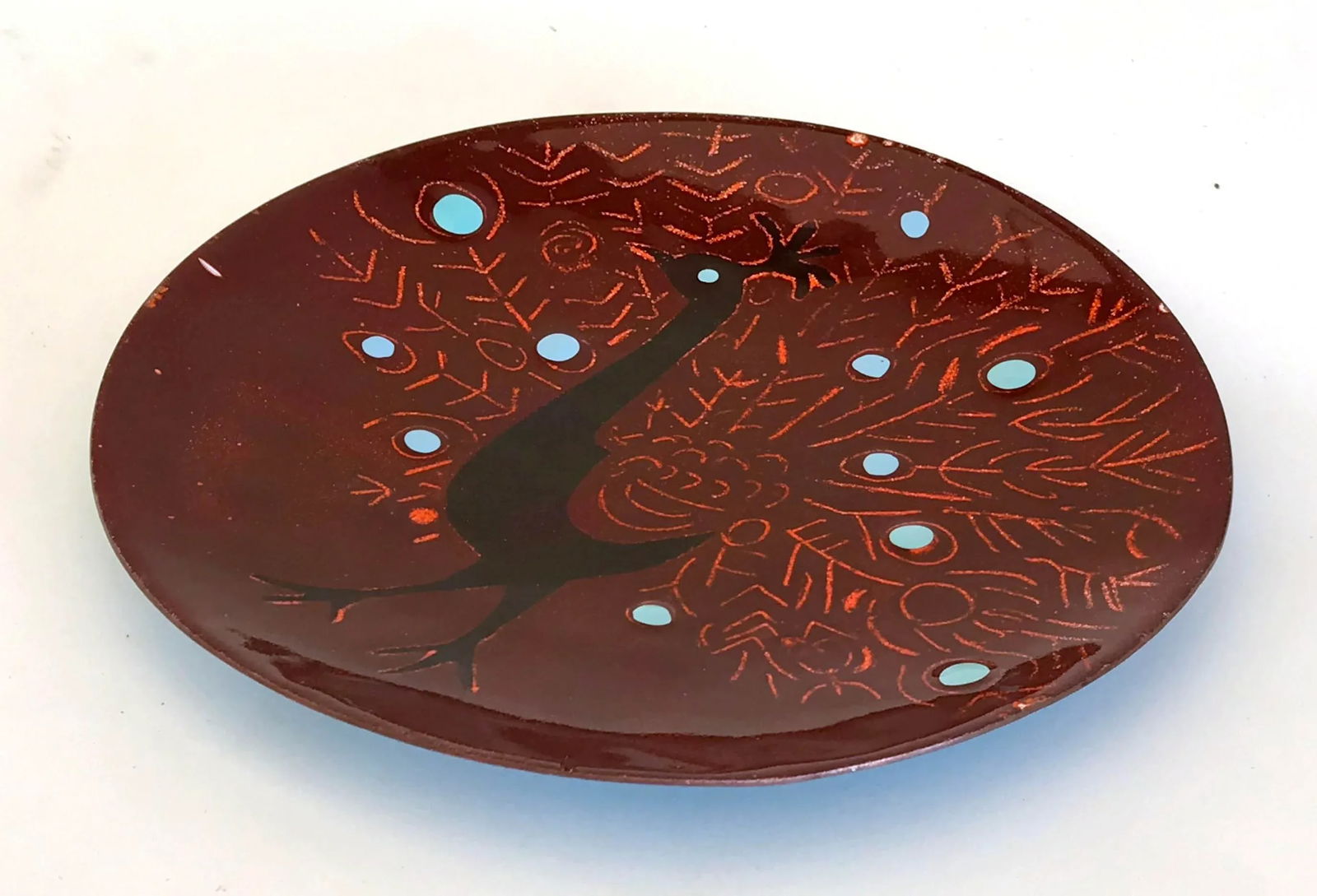 Vintage Enamel on Copper Peacock Dish / Catchall - 2