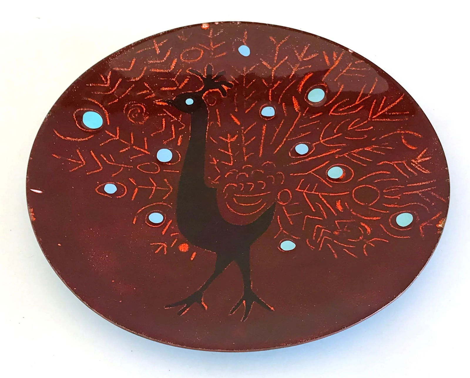 Vintage Enamel on Copper Peacock Dish / Catchall - 4