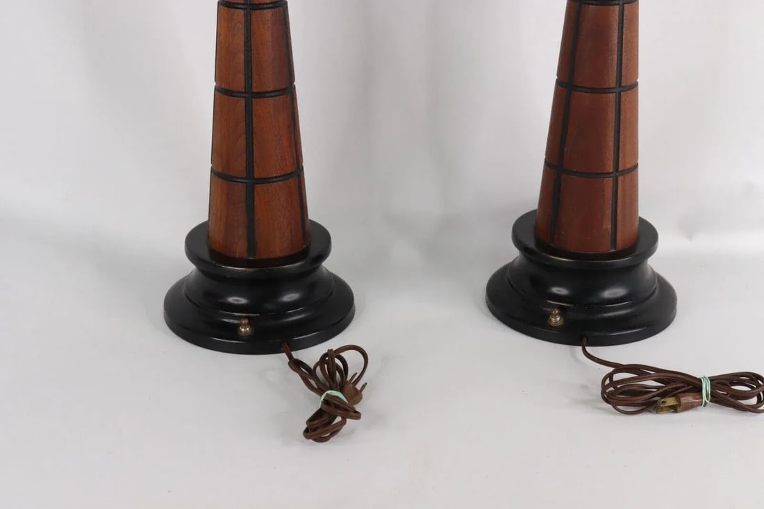 Vintage 1960s Mid-Century Modern Gruvwood Walnut Wood Metal Table Lamps - a Pair - 2