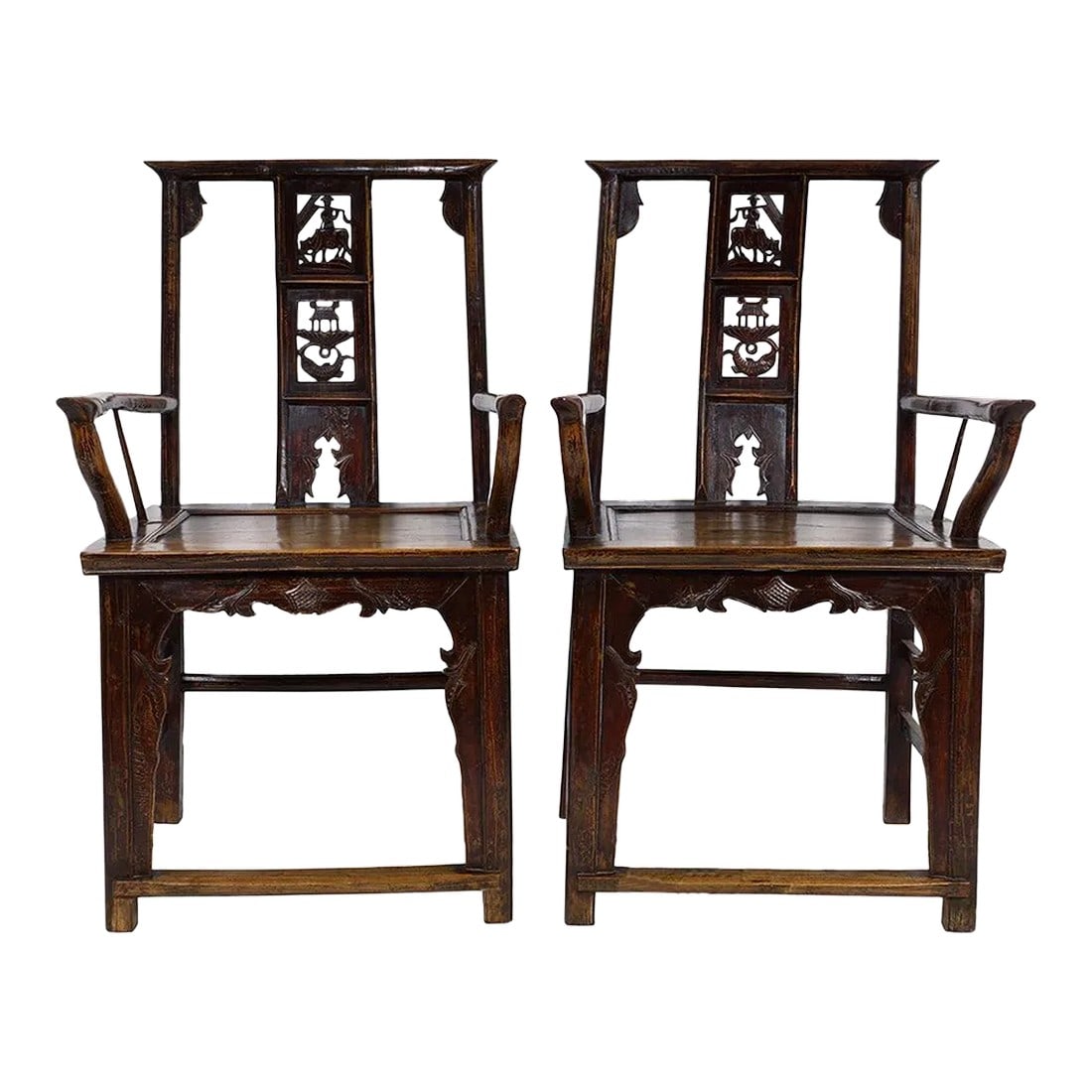 Antique Chinese Qing Dynasty Style Official's Hat Armchairs - Set of 2: Look at this matching pair of Qing Dynasty Style Official's Hat Armchairs. The members of this chair are delicate and slender. The back splat is made up of three connected sections. It have some openw