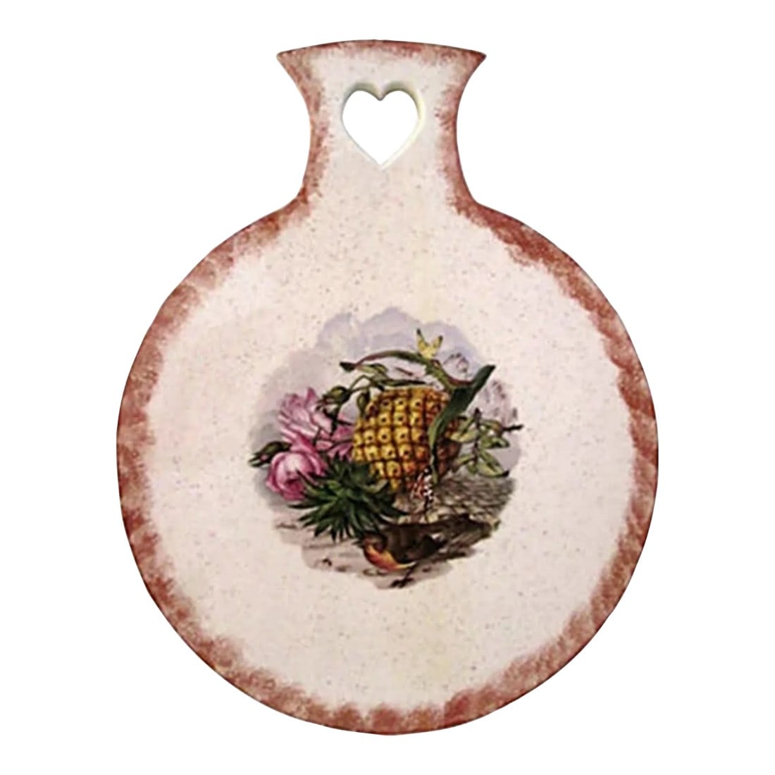 1980s French Country Pineapple & Sparrow Hanging Cheese Board: Charming large round ceramic hanging cheese board featuring a transferware pineapple, sparrow, and botanical motif in the center. Heart-shaped cutout on handle for hanging. No maker's mark. 