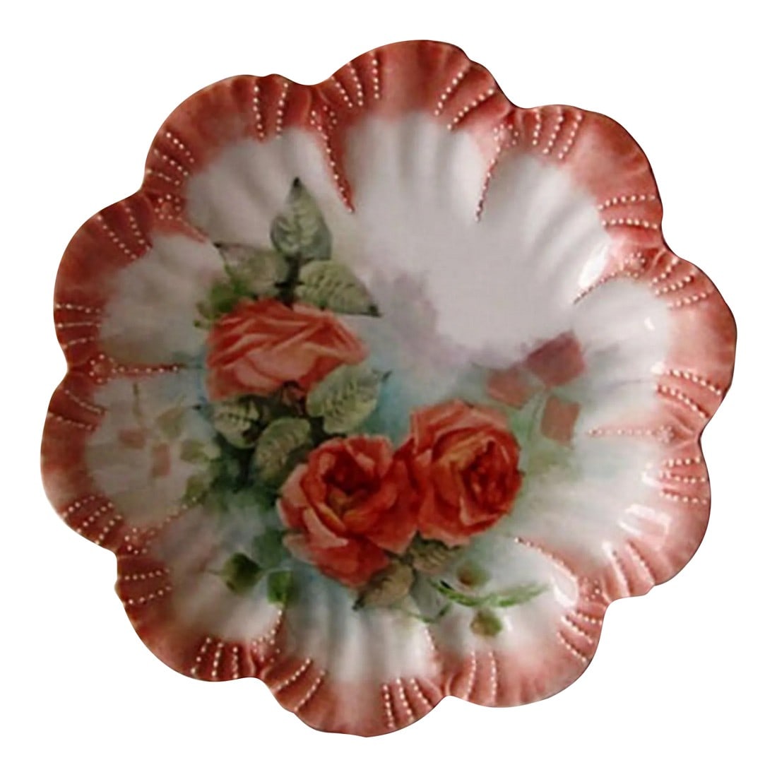 Mid-Century Blush Rose Spray Vanity Dish: Pretty porcelain vanity dish with scalloped rim and hand-painted rose motif. Marked underside: "Hand Painted by Pegg." Condition: Alterations: Original Condition Unaltered Imperfections: Some Imperfec