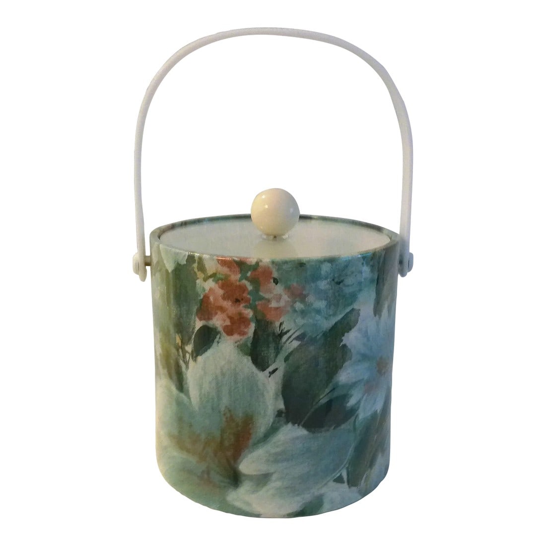 Vintage Kraftware Elegance Green Floral Ice Bucket: Lovely sea foam green and rose floral vinyl wrapped ice bucket featuring a white hard plastic levered handle and clear plastic removable lid with white wood knob. White insulated interior. Original la