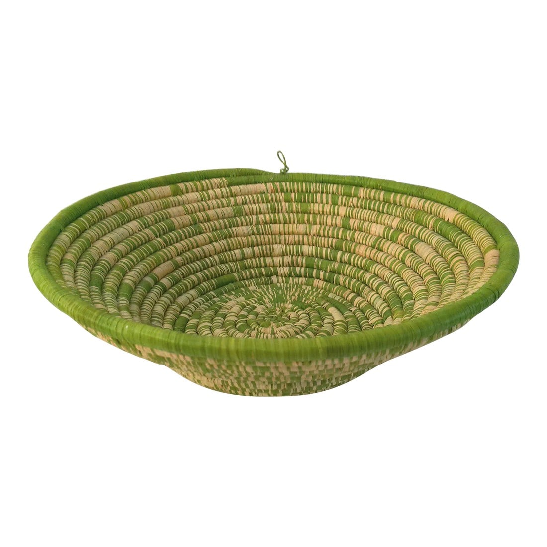 Vintage Lime Green African Woven Basket: Colorful African tightly woven coiled straw basket in lime green and light yellow. Excellent condition. Condition: Alterations: Original Condition Unaltered Imperfections: Some Imperfections