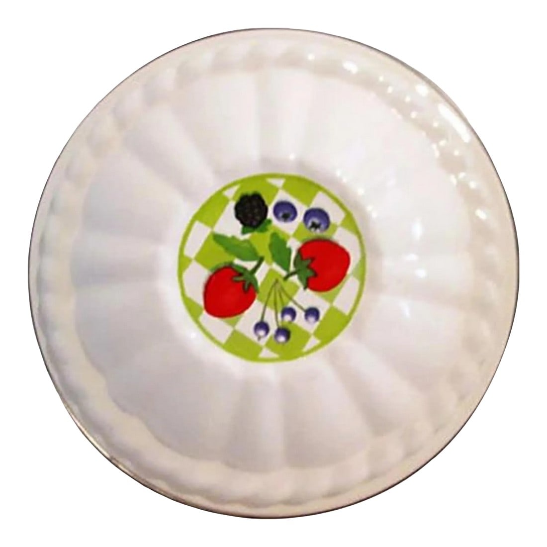 Vintage Glazed Enamel Fruit Design Mold: Charming glazed enamel metal mold with checkerboard and fruit design in center. Decorative and functional. Condition: Alterations: Original Condition Unaltered Imperfections: Some Imperfections