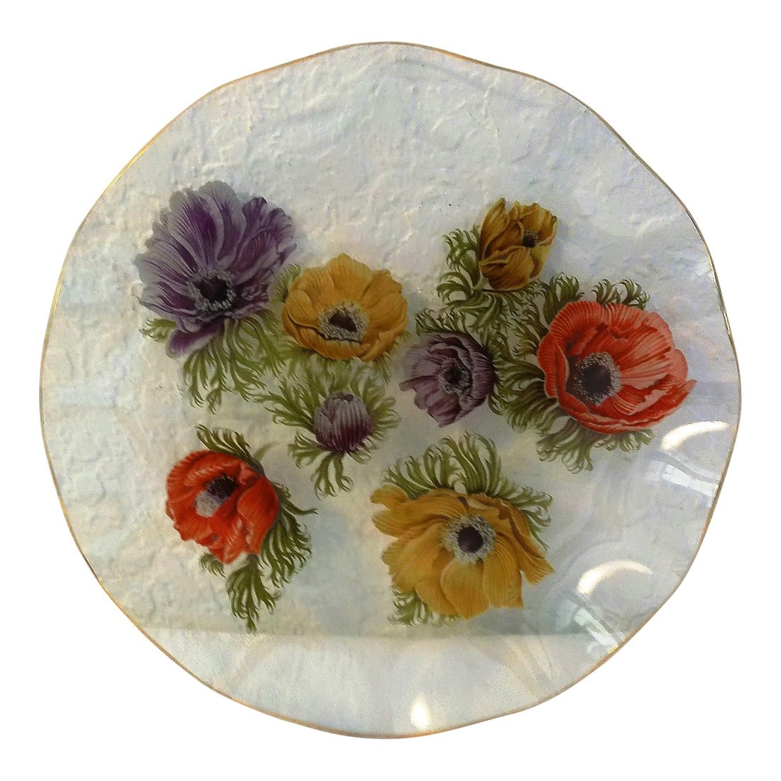 1970s English Pilkington Chance Floral Serving Dish: Colorful English Pilkington Chance transferware floral glass serving dish with ruffled gold rim. Decorative and functional. Condition: Alterations: Original Condition Unaltered Imperfections: Some Imp