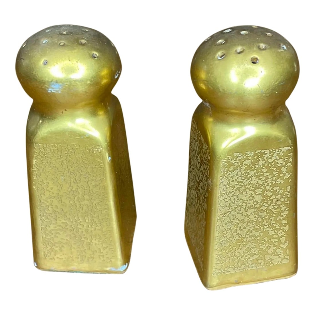 Mid Century Gold Pickard Salt & Pepper Shakers- Set of Two: A set of Pickard salt and pepper shakers. Hand painted gold. Made in Japan. Both include the original cork stopper. Both have minimal wear to the bottom, overall in good shape. Condition: Alterations: