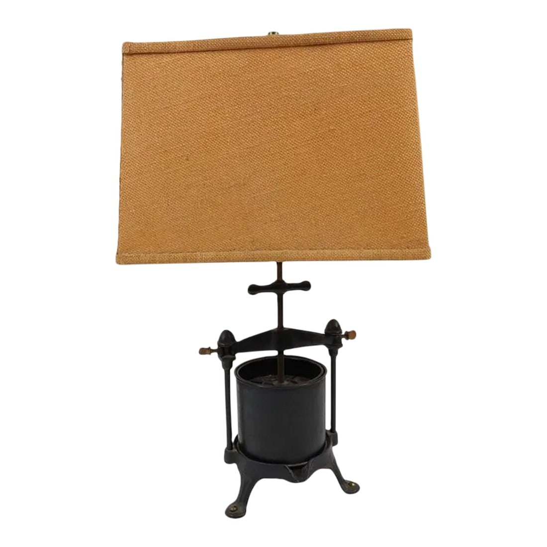 Antique 1910s Griswold No 1 Fruit & Lard Press Cast Iron Table Lamp Light Farmhouse: Antique Griswold No 1 Fruit & Lard Press Cast Iron Table Lamp Light Farmhouse Lamp Has cracks on the inside of the lampshade. Discoloring/wear on the lampshade. Made from a Griswold Fruit and Lard