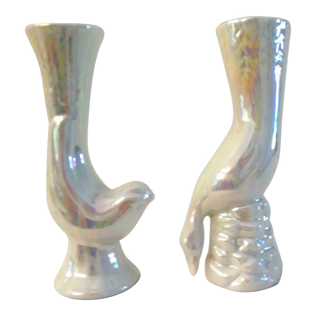 Mid-Century White Lusterware Porcelain Duck & Sparrow Vases, a Pair: Charming pair of white lusterware porcelain bud vases in a figural duck and sparrow design. Excellent condition. Condition: Alterations: Original Condition Unaltered Imperfections: Some
