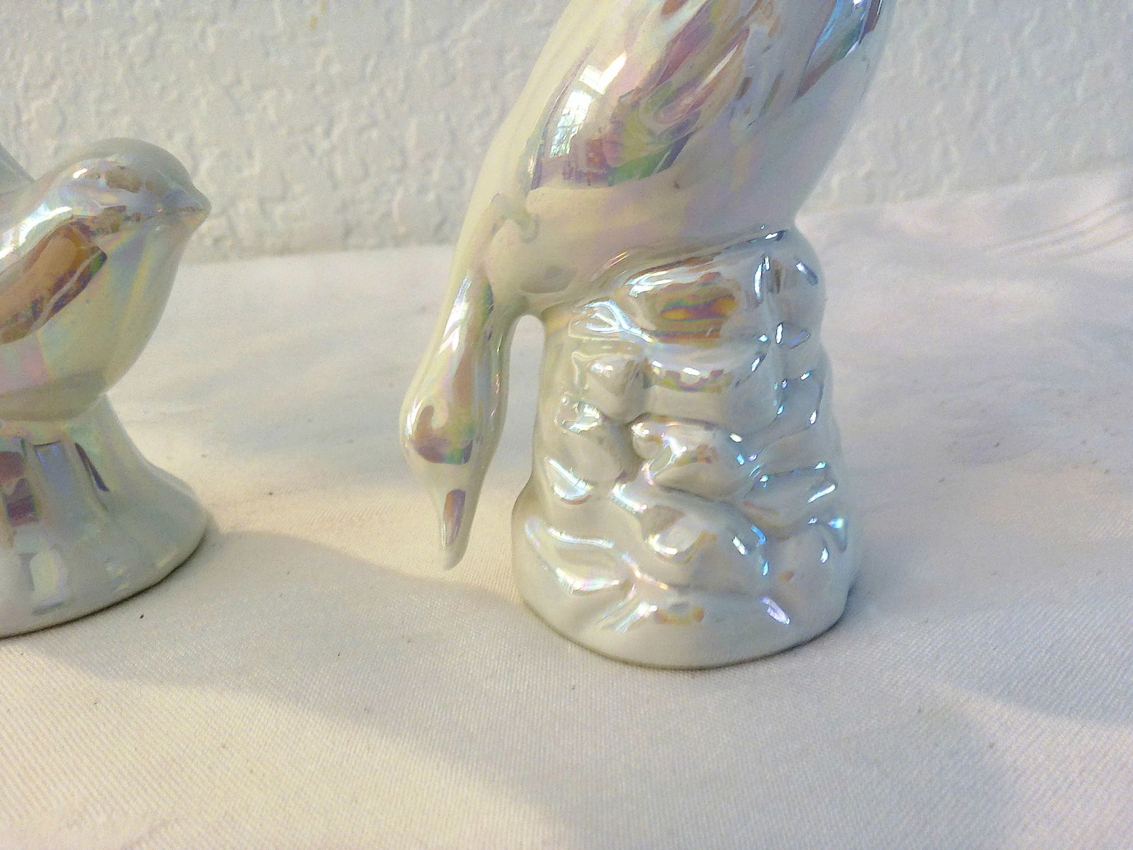 Mid-Century White Lusterware Porcelain Duck & Sparrow Vases, a Pair - 3