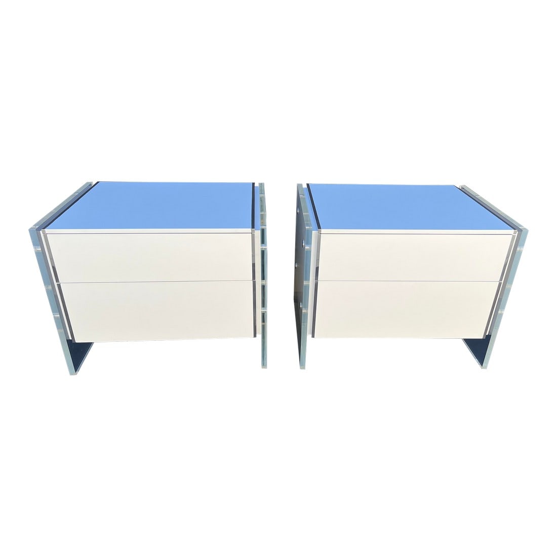 Glenn of California Nightstands - a Pair: Glenn Of California White lacquer, lucite stands and aluminum pulling nightstand, 1970's. Condition: Alterations: Original Condition Unaltered Imperfections: Some Imperfections Condition Notes: