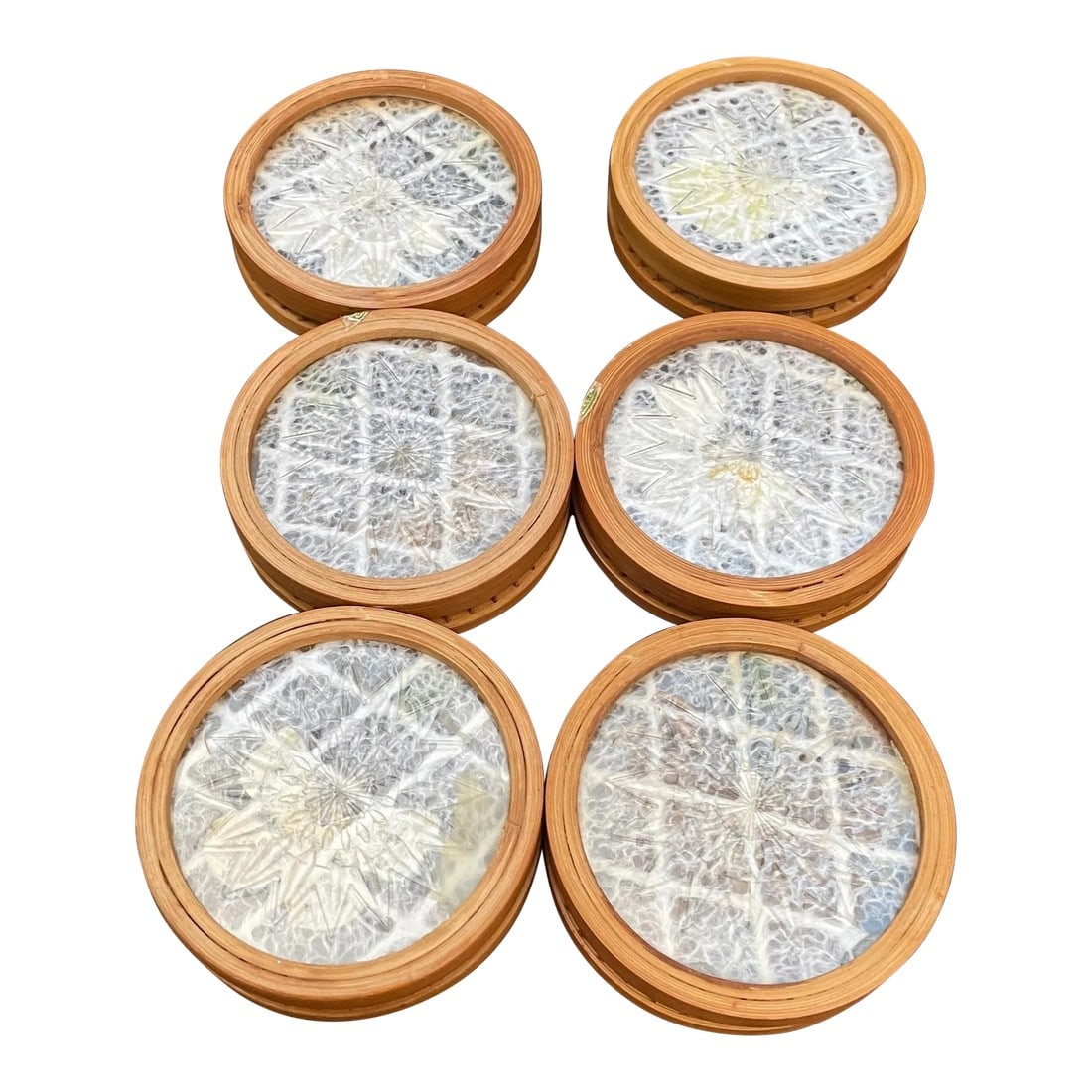 Vintage Rattan and Faux Butterfly Coasters- Set of 6: Set of 6 coasters of faux butterflies encased in acrylic wrapped in rattan. All the coasters are in very good condition. Condition: Alterations: Original Condition Unaltered Imperfections: Some