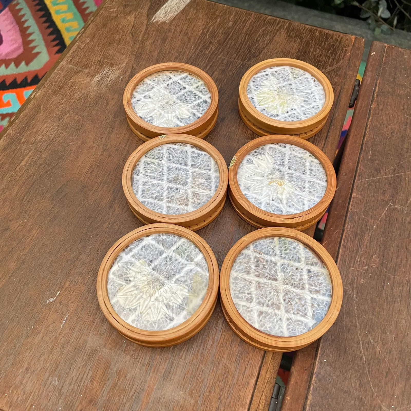 Vintage Rattan and Faux Butterfly Coasters- Set of 6 - 6