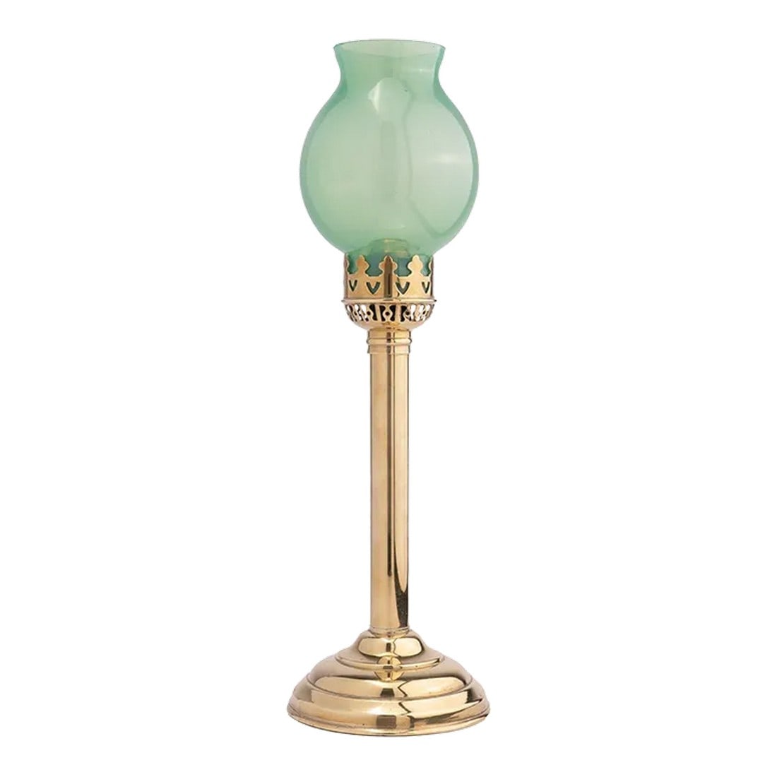 French Stamped Brass & Glass Spring Hurricane Lamp, 1875-1900: Spring loaded cylinder shaft candlestick in stamped brass on a weighted circular domed base. The candlestick top has a reticulated brass shade gallery fitted with a translucent green opaline blown