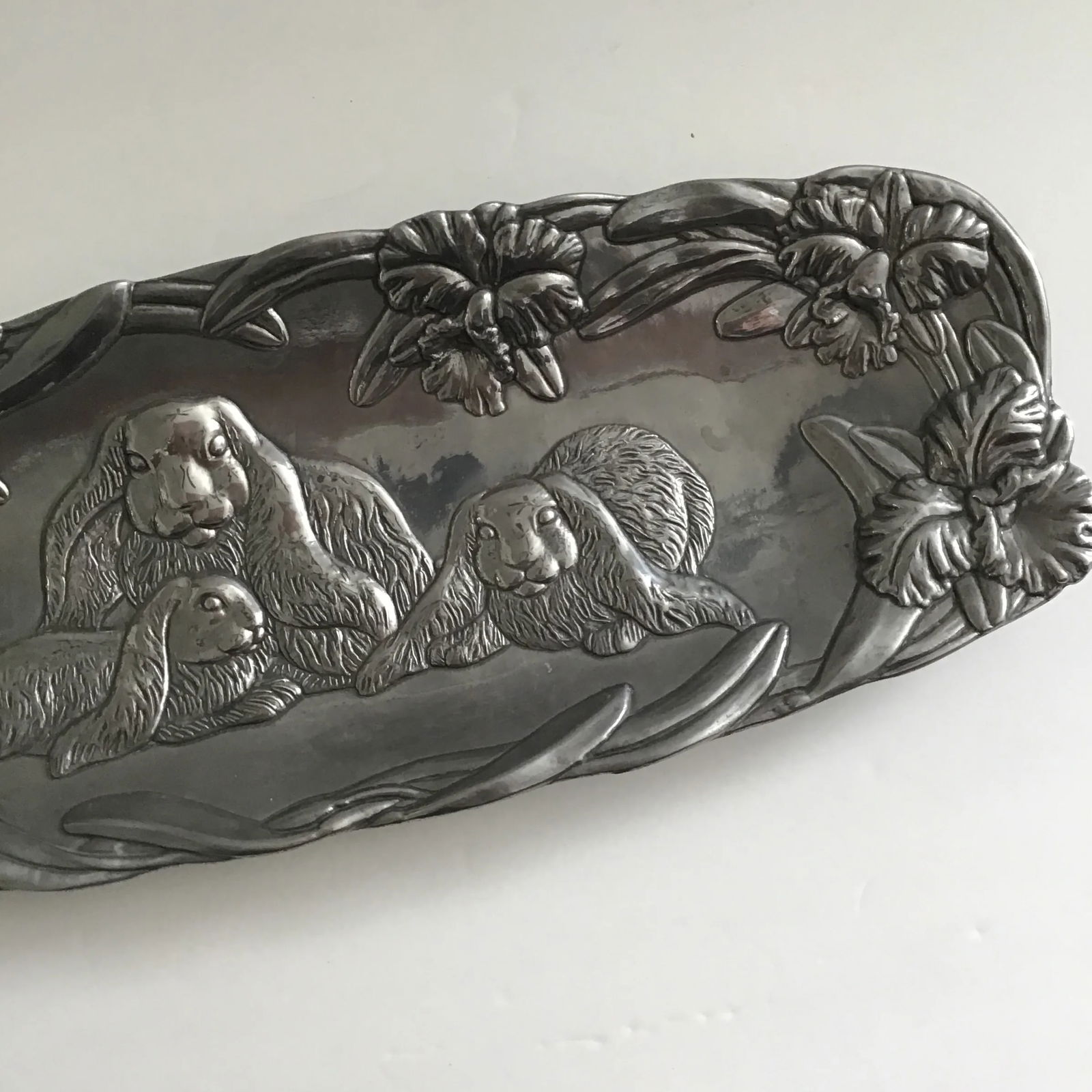 Arthur Court Easter Bunny Rabbits Vintage 1994 Three Bunnies Cast Aluminum Oblong Platter Tray - 3