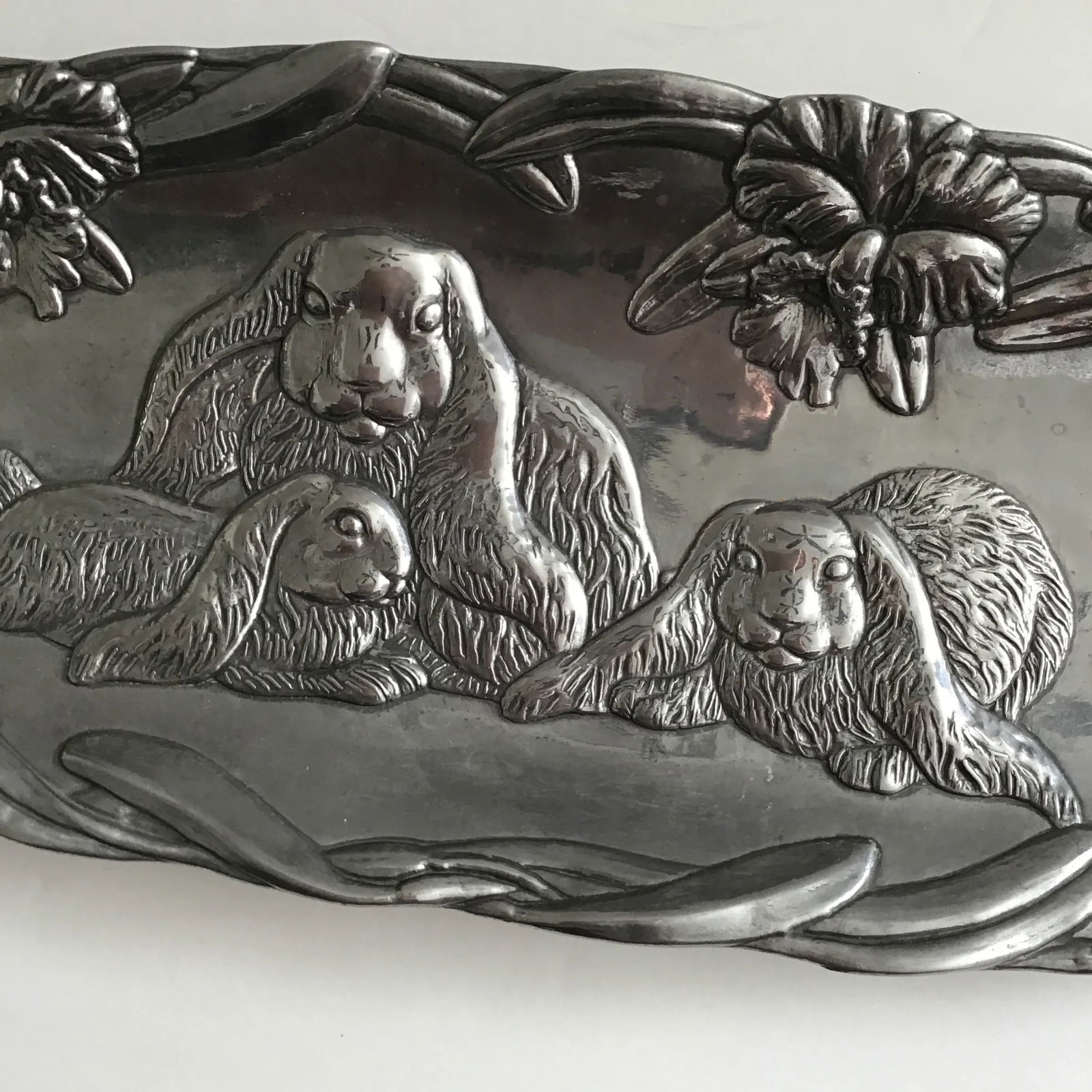 Arthur Court Easter Bunny Rabbits Vintage 1994 Three Bunnies Cast Aluminum Oblong Platter Tray - 4