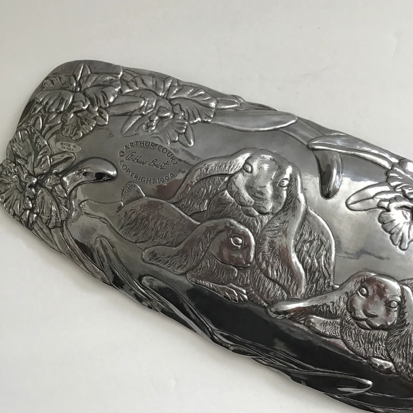 Arthur Court Easter Bunny Rabbits Vintage 1994 Three Bunnies Cast Aluminum Oblong Platter Tray - 6