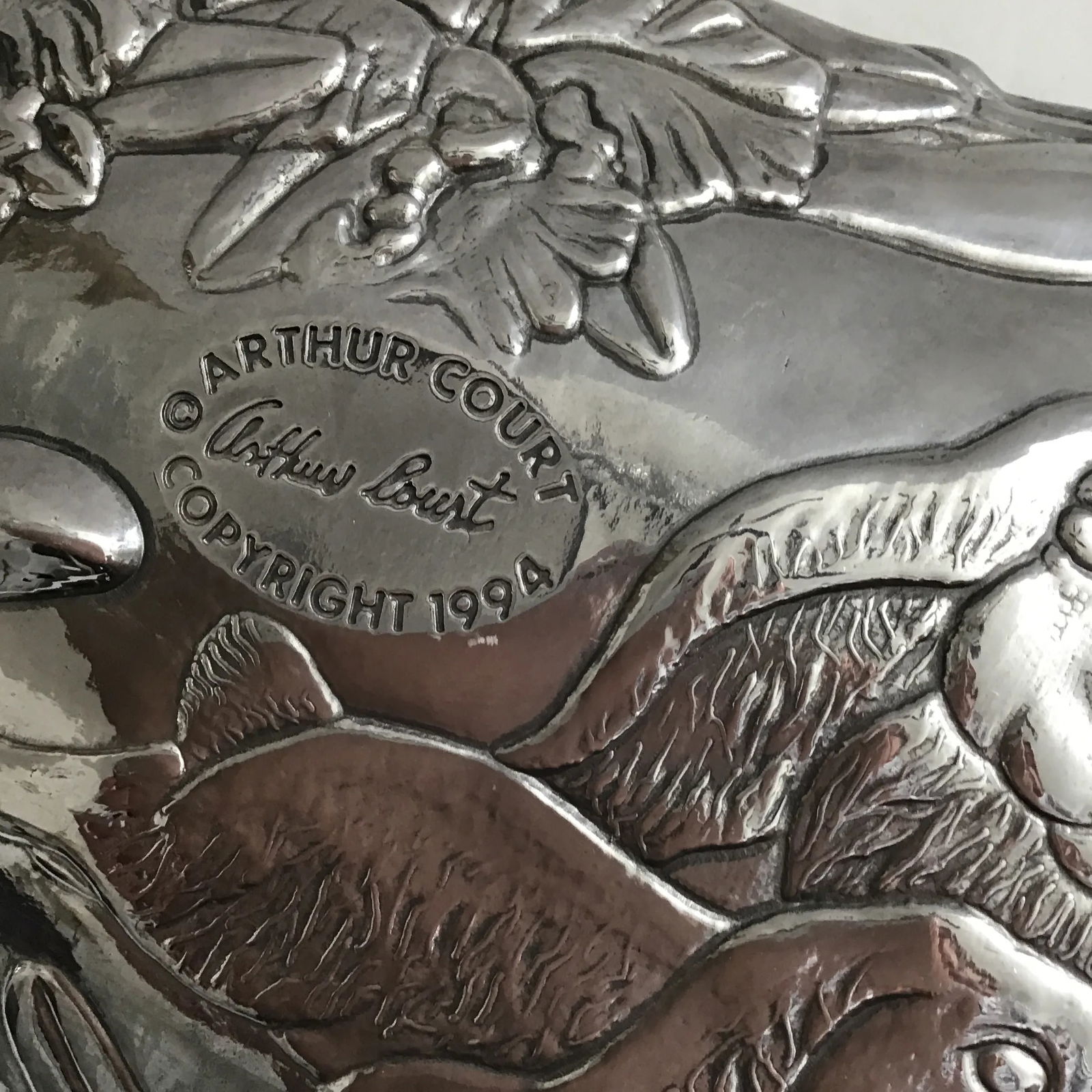 Arthur Court Easter Bunny Rabbits Vintage 1994 Three Bunnies Cast Aluminum Oblong Platter Tray - 7