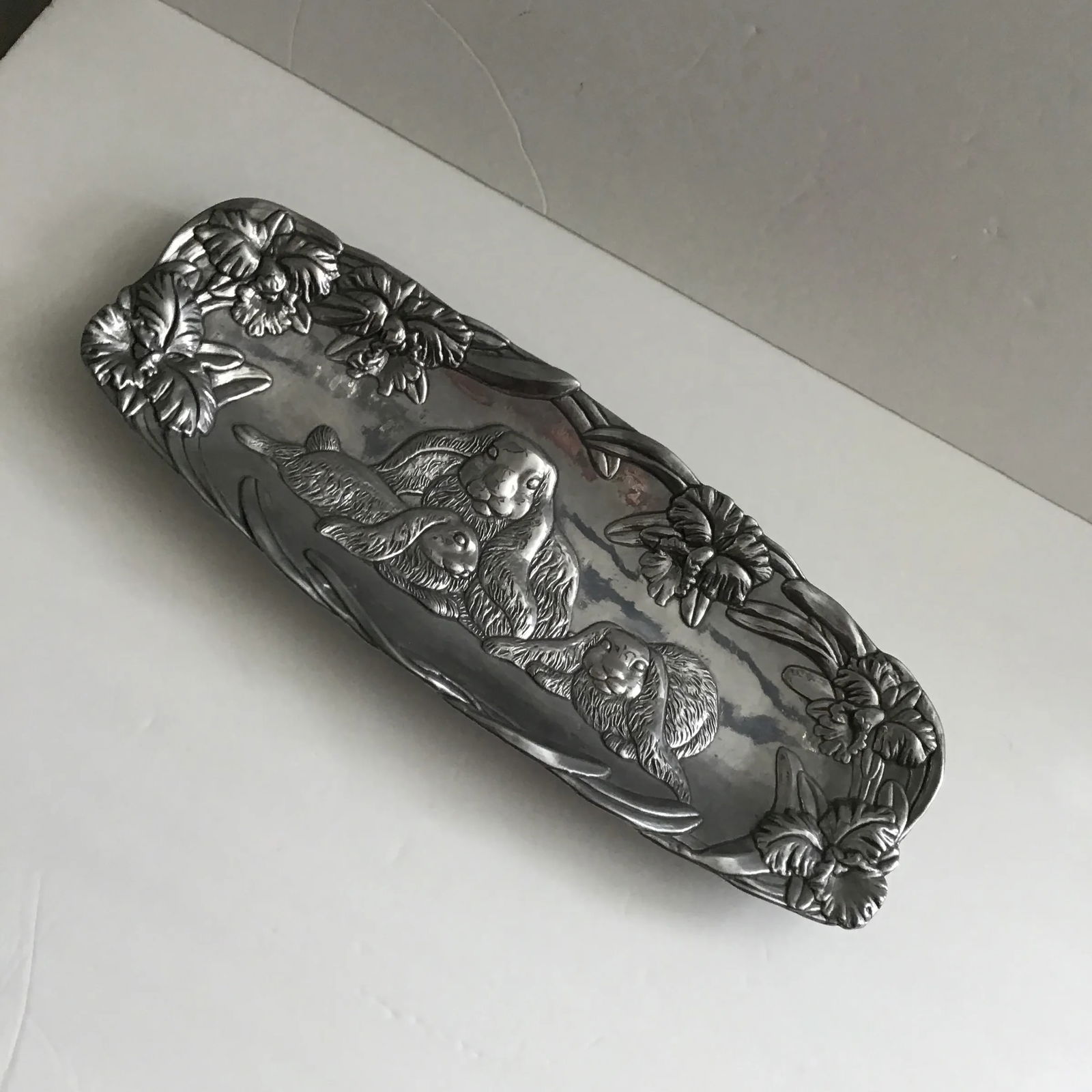 Arthur Court Easter Bunny Rabbits Vintage 1994 Three Bunnies Cast Aluminum Oblong Platter Tray - 8
