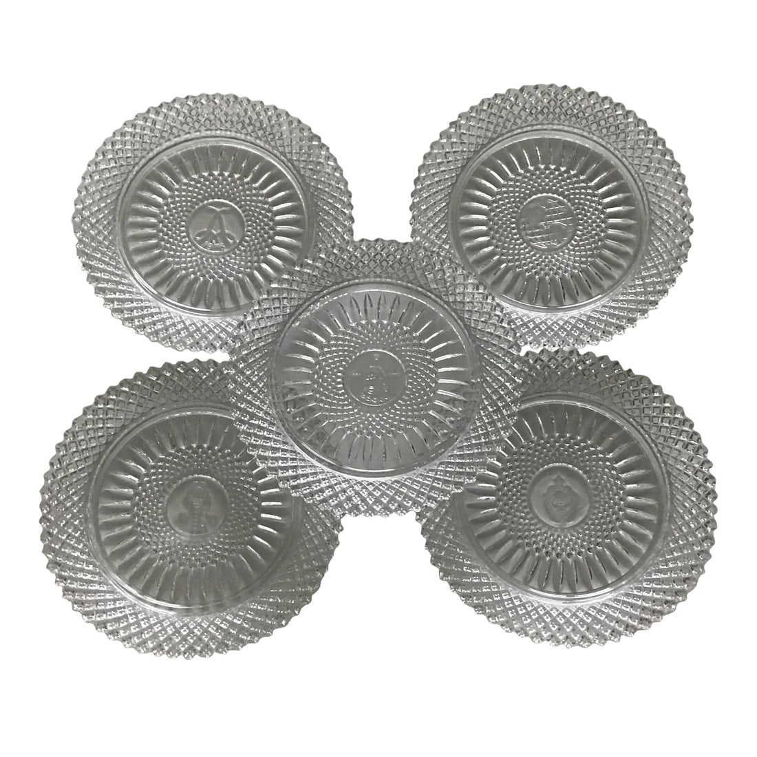 Fostoria Glass Crystal Plates 1978 Fostoria Stratton Pattern Crystal Plates - Set of 5: Fostoria Diamond Pattern Crystal lunch plates Set of 5 92nd Year Anniversary Avon Anniversary plates Each has different center motif Door Knocker Mrs. Albee Avon's first representative Key Globe "A"