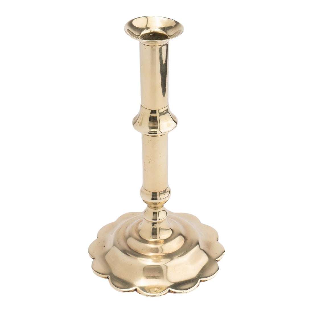 English Georgian Cast Brass Queen Anne Knob Shaft Candlestick, C. 1760: English Georgian cast brass Queen Anne cannon barrel shaft candlestick, with push up candle ejector, peened to a petal base. Birmingham, England, circa 1760. Condition: Alterations: Original