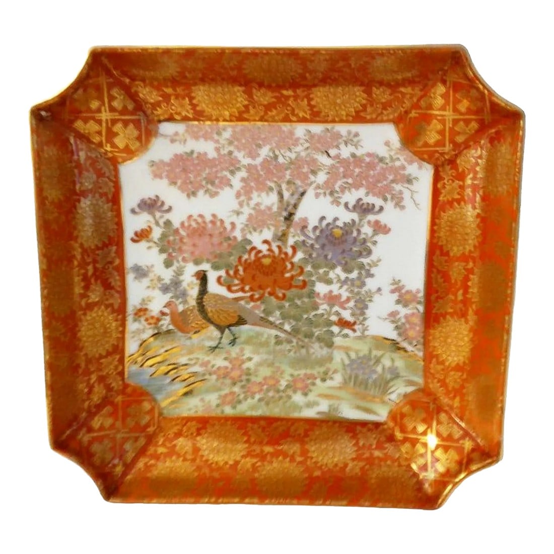 Vintage Asian Ceramic Botanical Square Bowl: Beautiful Asian ceramic square bowl featuring a male and female pheasant with a botanical motif in center. Rich burnt orange border and generous ornate gold accents and rim. Lovely for display or