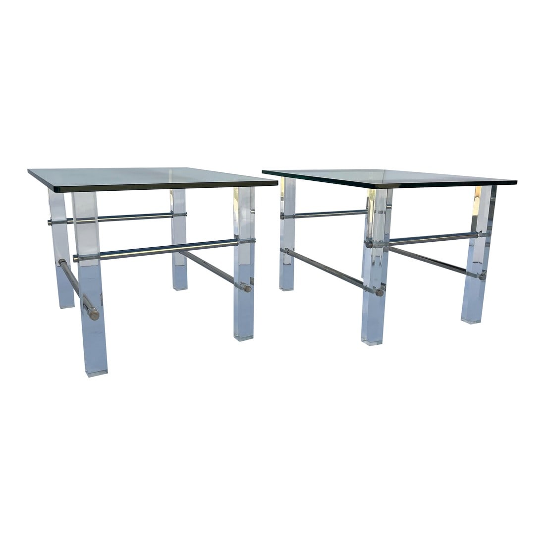 1970s Mid-Century Lucite Chrome Glass Side Tables - a Pair: Pair Of Rectangular Mid-Century Lucite,Chrome & Glass Side Table,End Table -Pair. Thick square Lucite legs,1/2" thick glass Condition: Alterations: Original Condition Unaltered Imperfections: Some Imp