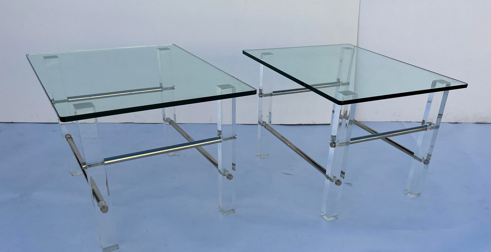 1970s Mid-Century Lucite Chrome Glass Side Tables - a Pair - 2