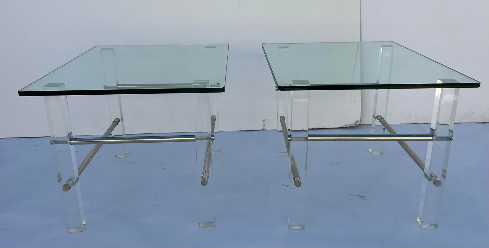 1970s Mid-Century Lucite Chrome Glass Side Tables - a Pair - 3