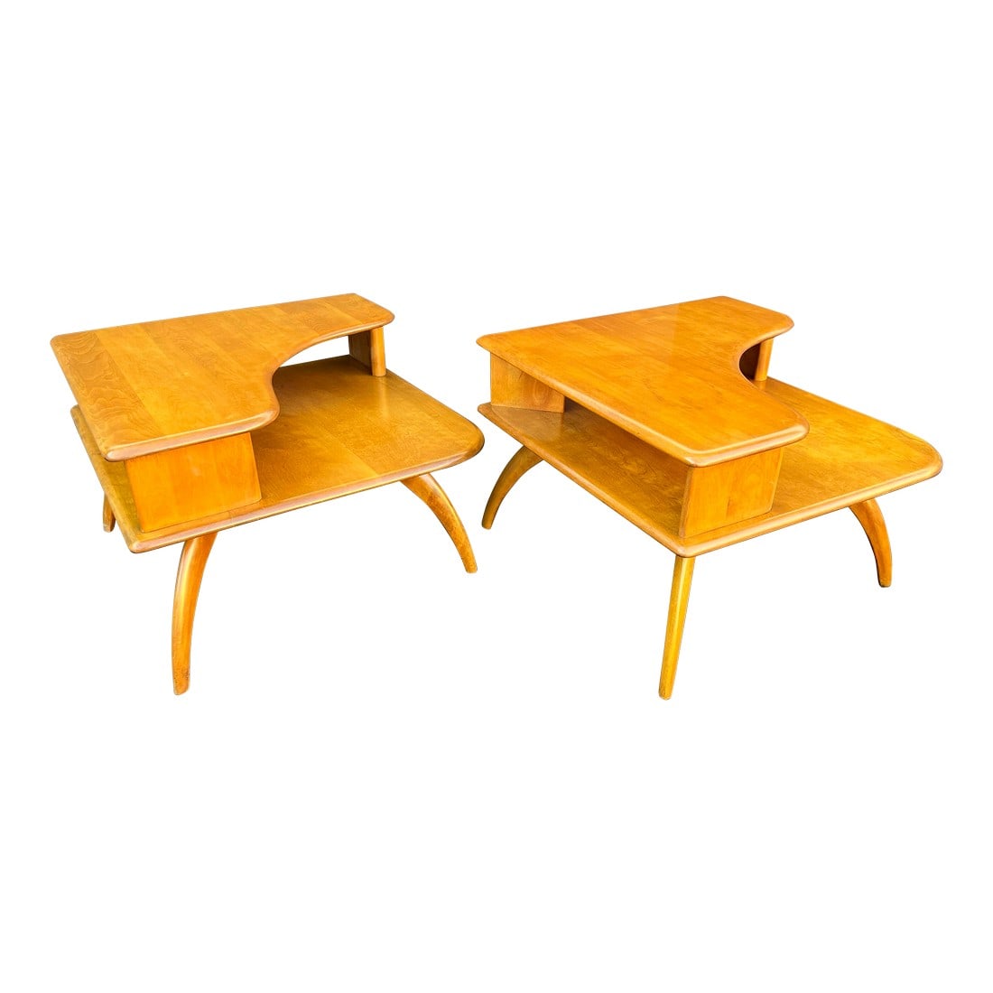 1970s Vintage Heywood Wakefield Side/Corner Table -Pair: Vintage Mid-Century Heywood Wakefield Two Tier Side/Corner Tables in Champagne stain Finish,Pair Condition: Alterations: Original Condition Unaltered Imperfections: Some Imperfections Condition