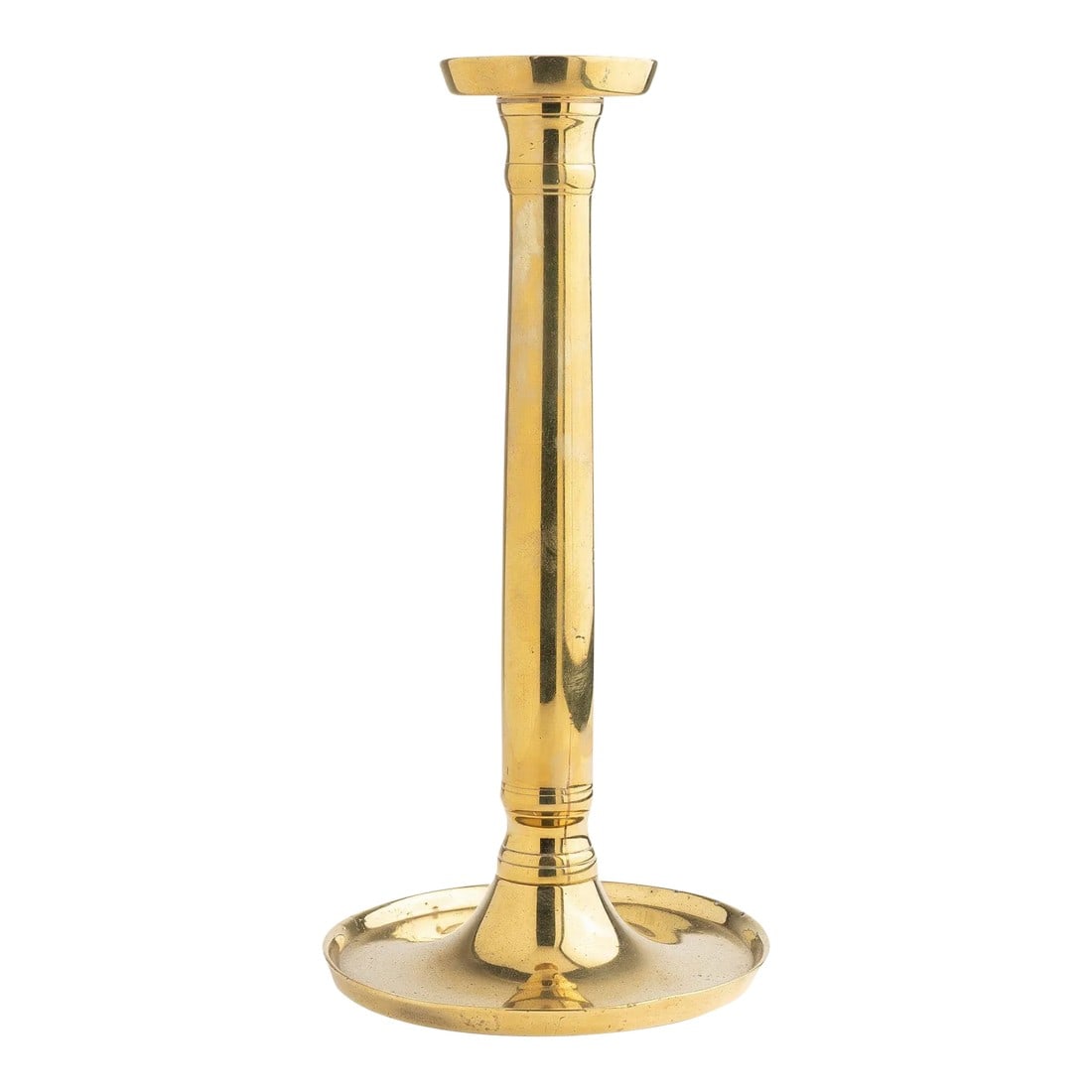 Continental Seam Cast Brass Columnar Candlestick, 1815-30: Seam cast brass columnar candlestick with standing rim bobeshe threaded to a circular standing rim base. Continental, circa 1815-30. Condition: Alterations: Original Condition Unaltered