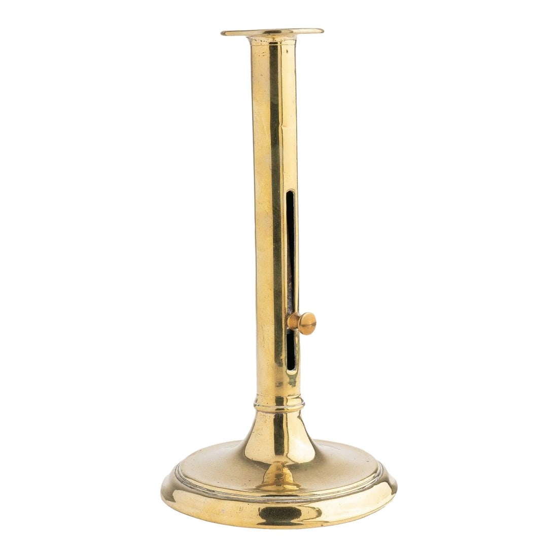 English Cannon Barrel Cast Brass Ejector Slide Candlestick, 1800-15: Cast brass cannon barrel candle stick with side, brass knob, and candle ejector. The cylinder shaft of the candlestick is peened to a raised circular base with dished drip pan detailed with a beaded r