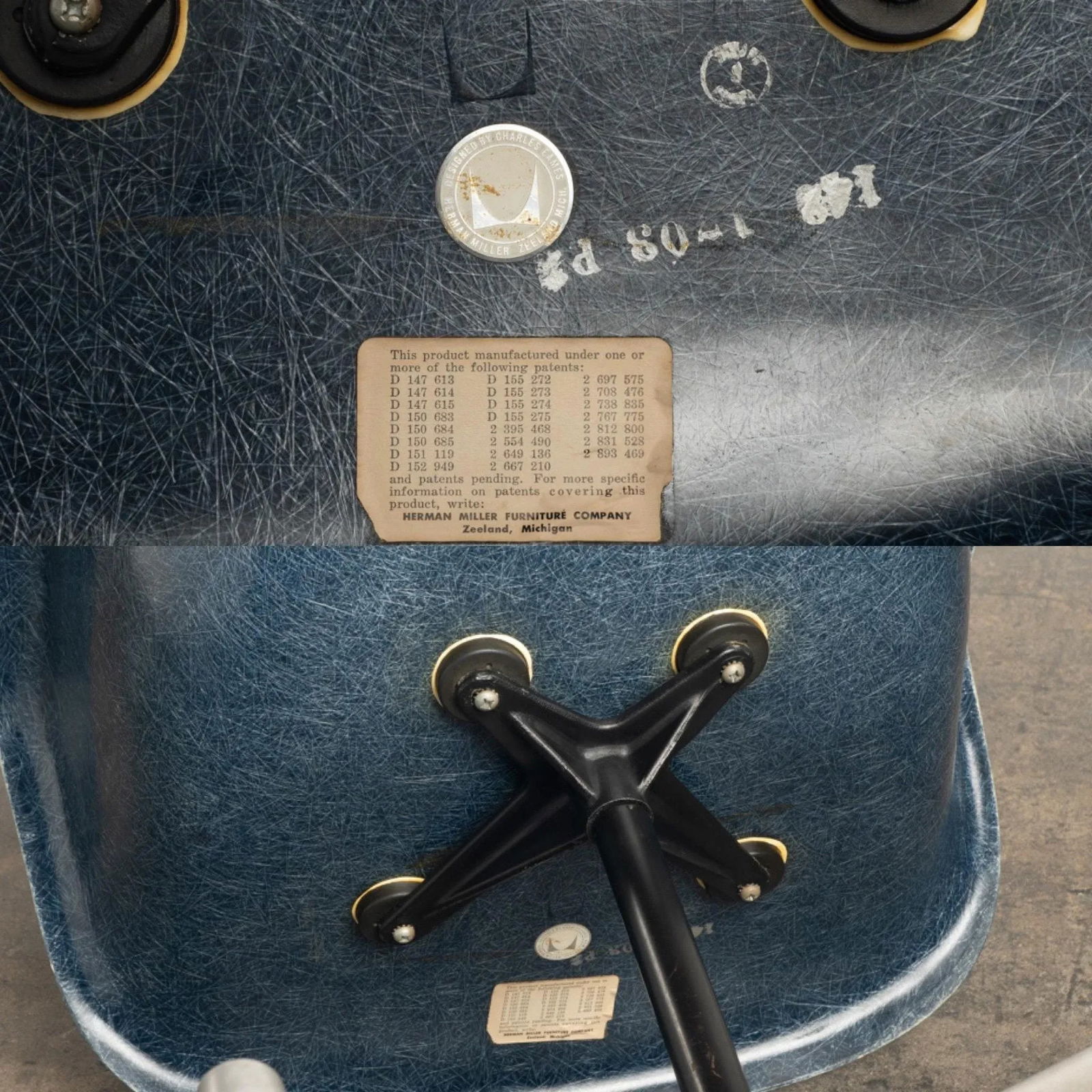 1960 Eames Herman Miller Fiberglass Shell Swivel Arm Chair Navy Blue - 10