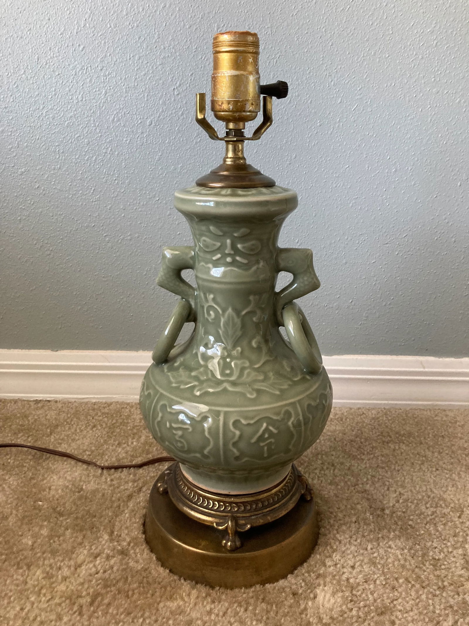 Mid 20th Century Deep Green Celadon and Brass Chinese Table Lamp - 10