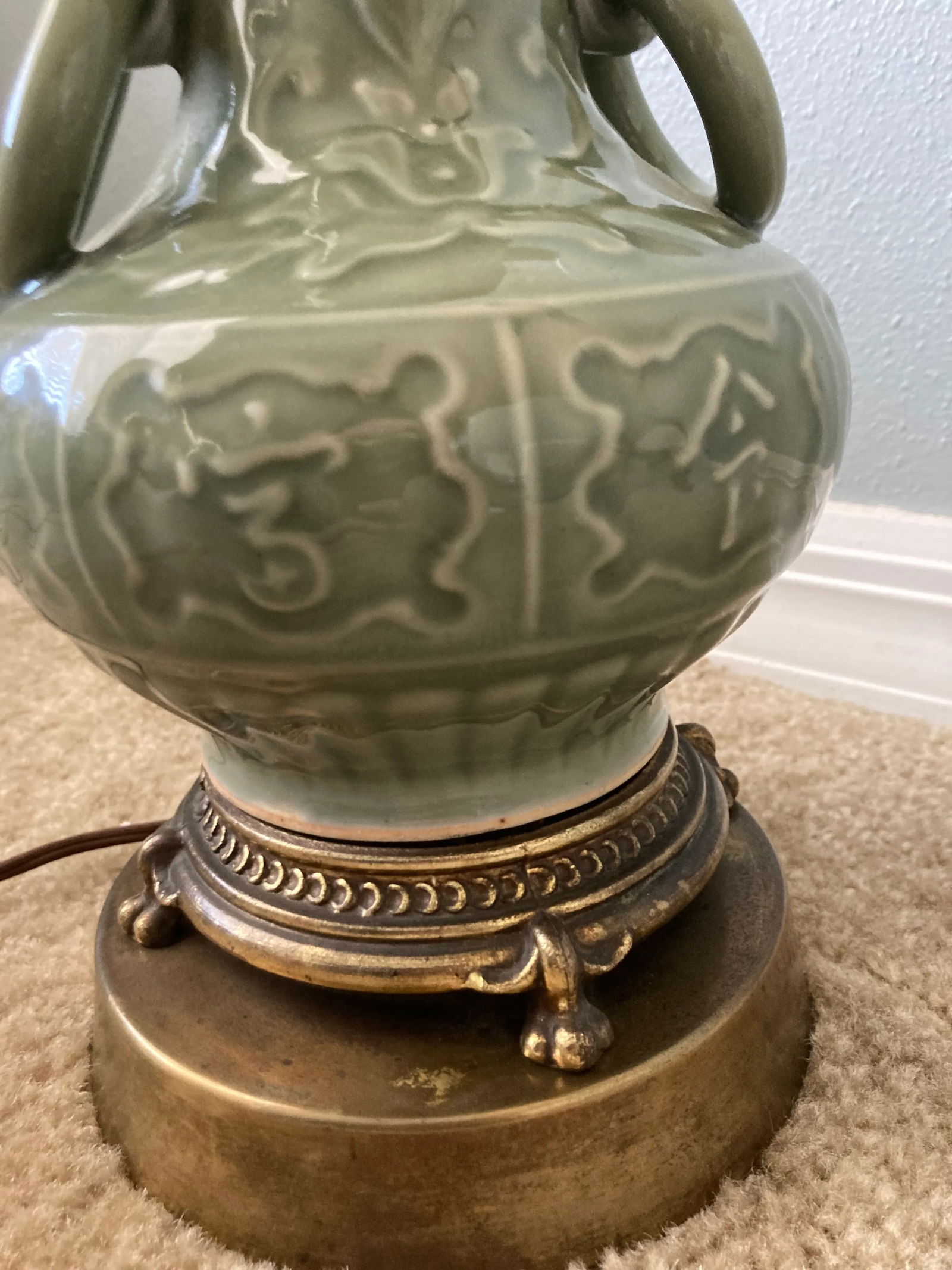 Mid 20th Century Deep Green Celadon and Brass Chinese Table Lamp - 4