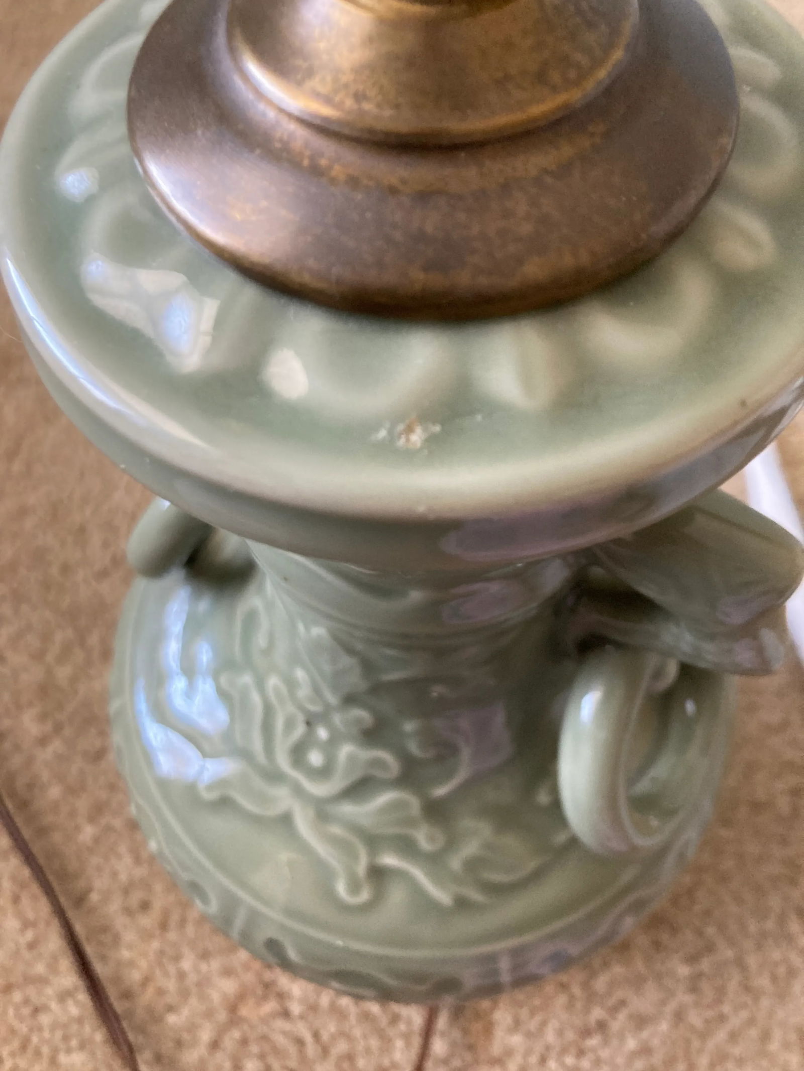 Mid 20th Century Deep Green Celadon and Brass Chinese Table Lamp - 9
