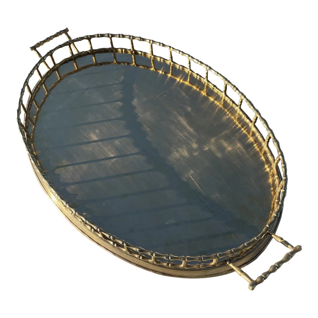 Late 20th Century Polished Solid Brass Faux Bamboo Serving Tray: Lovely polished brass serving tray with faux bamboo rim and handles. Made in India. Condition: Alterations: Restored Imperfections: Some Imperfections Condition Notes: In over all good condition.