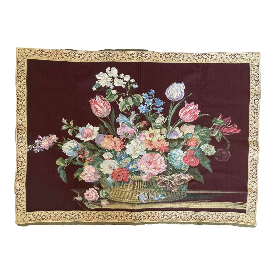French 1950s Jaquard Floral Wall Tapestry: The colors are so beautiful it's difficult to believe that this pretty floral tapestry is as old as it is. It's been in storage for years, nothing fades when kept from the sun. Jaquard is the term