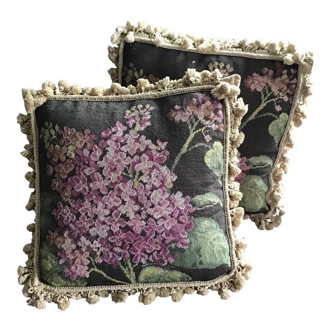 Vintage Pillows Set of 2 Floral Wool and Velvet Feather Filled Needlepoint Pillows- a Pair: Vintage feather filled needlepoint pillows Matching pair of floral needle point toss pillows Floral cover is in shades of pink, purple with green leaves. Background color is a soft brown color
