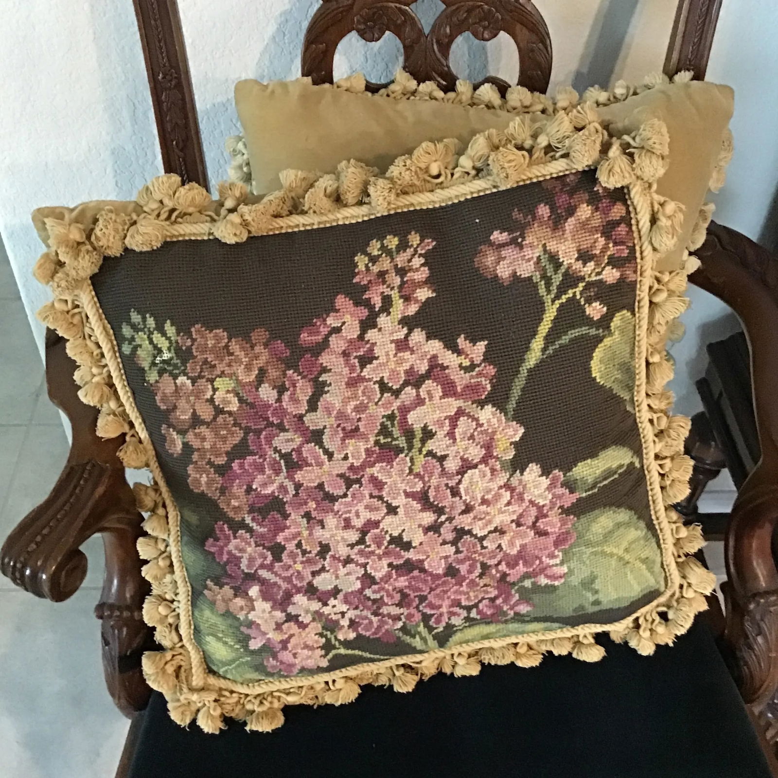 Vintage Pillows Set of 2 Floral Wool and Velvet Feather Filled Needlepoint Pillows- a Pair - 5
