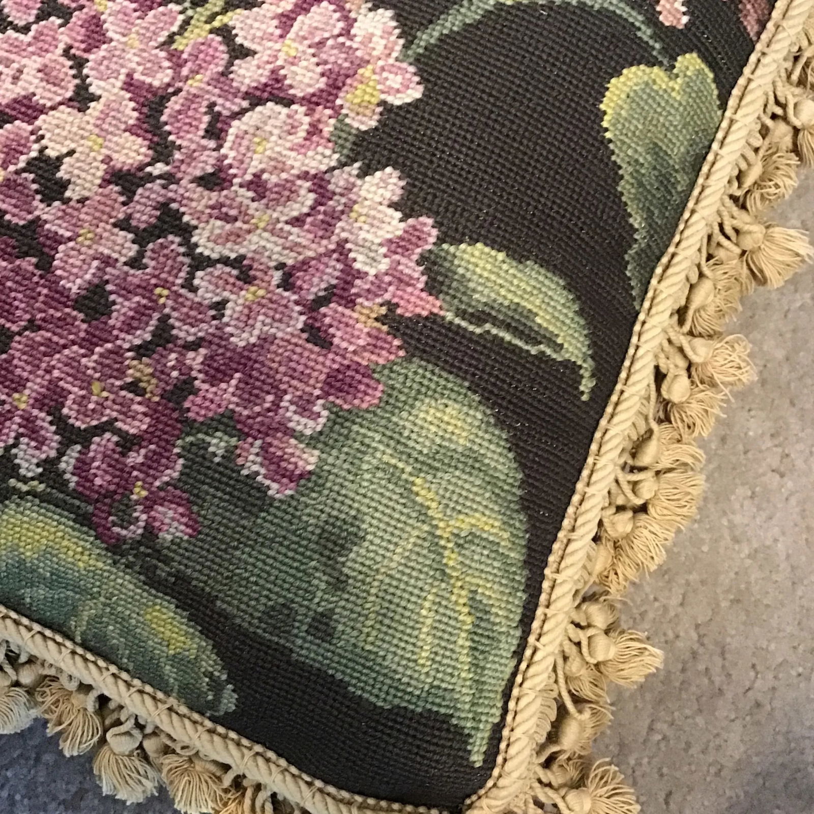 Vintage Pillows Set of 2 Floral Wool and Velvet Feather Filled Needlepoint Pillows- a Pair - 8