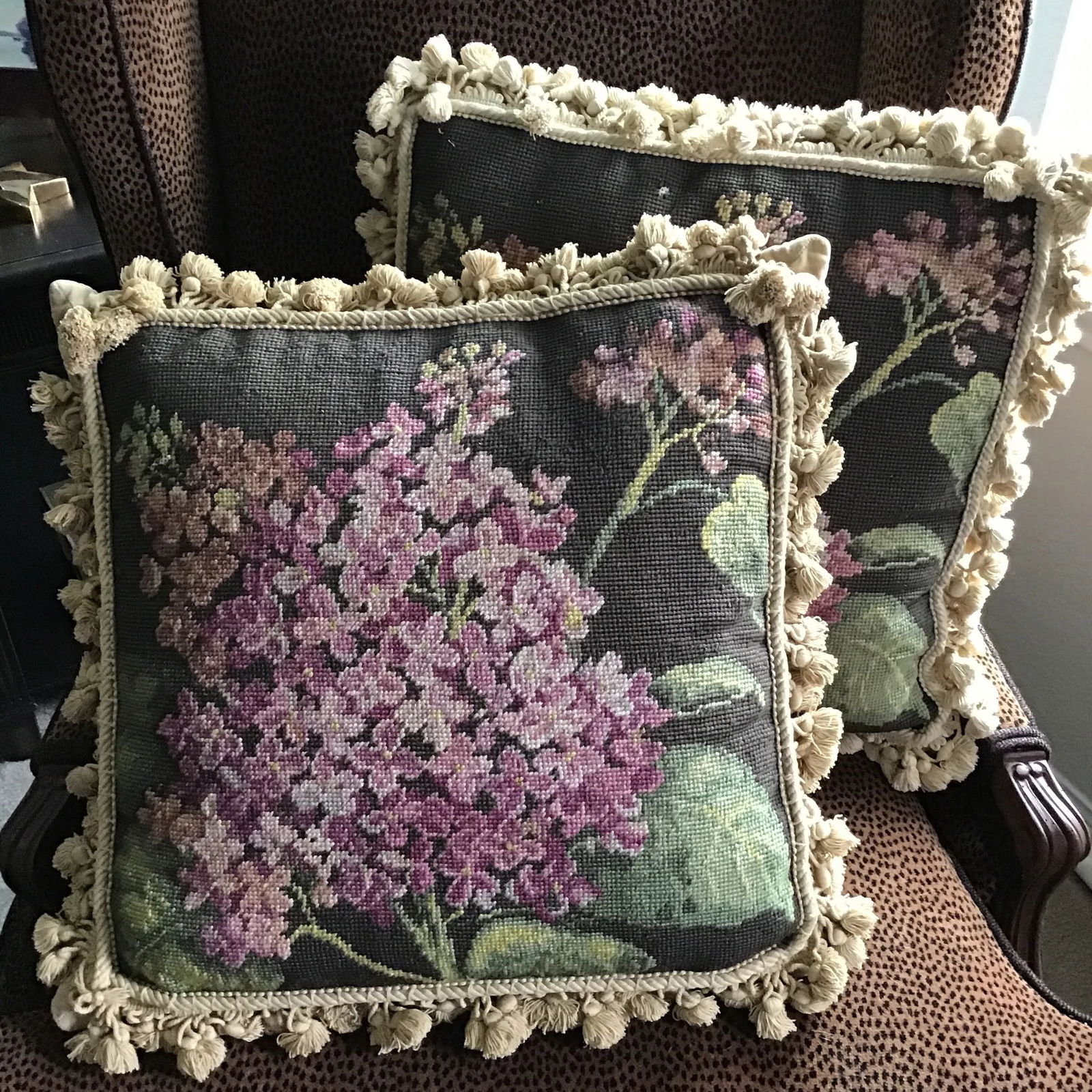 Vintage Pillows Set of 2 Floral Wool and Velvet Feather Filled Needlepoint Pillows- a Pair - 9