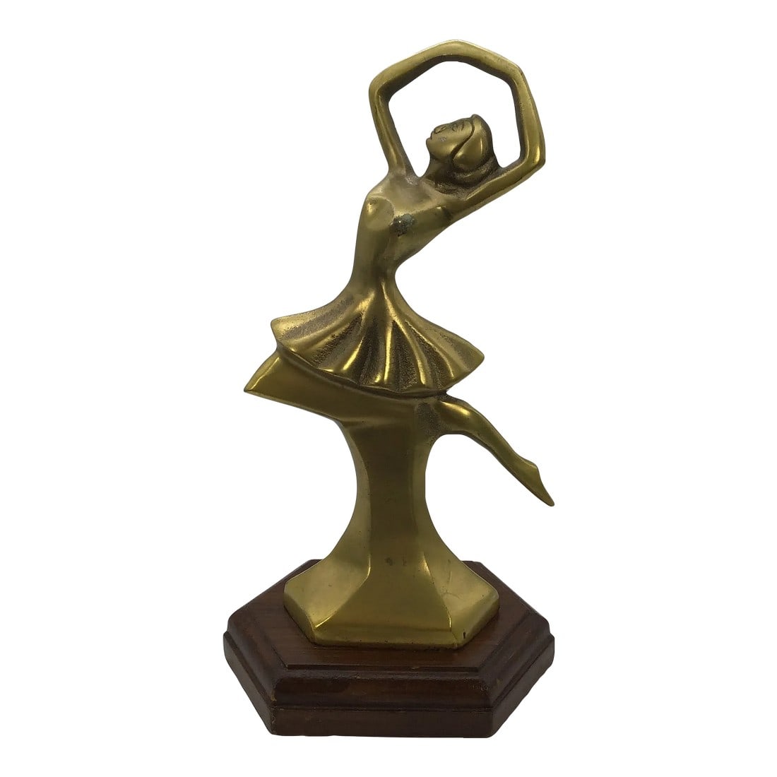 Brass Ballet Trophy Vintage 1990s Brass Ballet Dancer Figurine on Wood Base: Elegant ballerina vintage brass figurine Ballet dancer is mounted on a wood base Bottom of wood lined with felt like paper Measurements are included in the pictures Great piece to give as a gift to